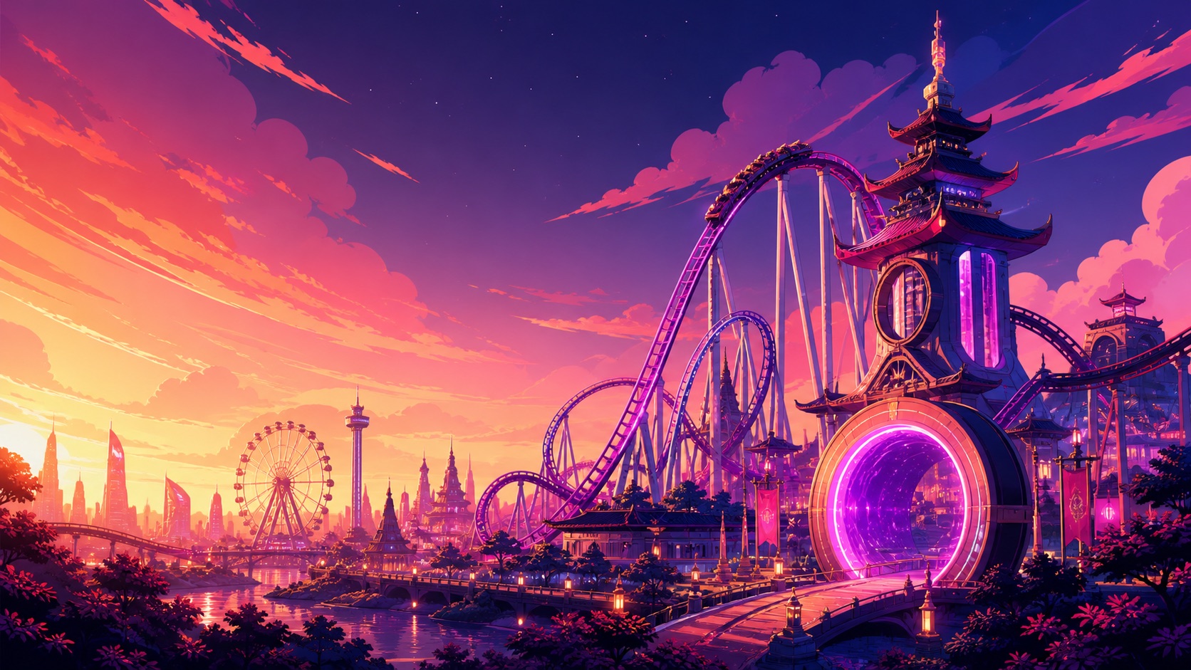 Illustration originale d’un futur parc manga avec montagnes russes et pavillons lumineux